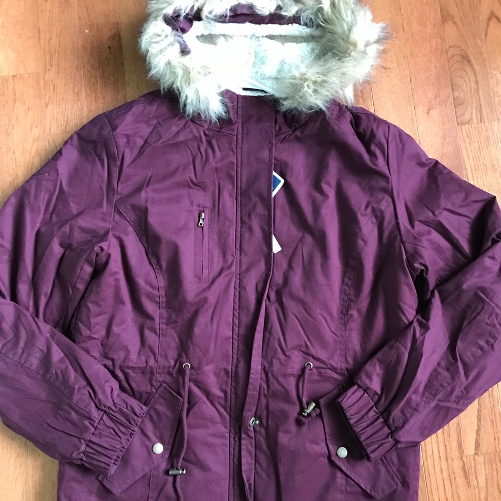 Maroon parka with faux fur hood